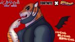 2023 anthro deco_27_(producer) epic_games face_mask fangs felid fortnite fur grinning_at_viewer hi_res kbh_yeen looking_at_viewer male mammal muscular muscular_anthro muscular_male orange_body orange_fur oscar_(fortnite) pantherine solo teeth tiger vampire_(vocaloid)