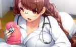  artificial_vagina braid breast_press breasts brown_eyes brown_hair decensored earrings glasses jewelry kirin_kakeru large_breasts long_hair looking_at_viewer low-tied_long_hair mole mole_under_eye nurse open_mouth original penis single_braid solo_focus stethoscope uncensored upper_body vehicle 