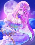  1girl blue_dress blue_sky breasts cleavage dress gradient_sky hair_ornament hand_on_own_leg highres jewelry large_breasts long_hair megurine_luka mermaid_costume moon narumi_kanata necklace night night_sky ocean pink_hair project_sekai purple_dress purple_eyes purple_sky sidelocks sitting sky solo star_(symbol) star_hair_ornament vocaloid water wonderlands_x_showtime_(project_sekai) 