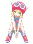  1girl amitie_(puyopuyo) blonde_hair blue_shirt blush bracelet green_eyes hat highres jazz_grace jewelry looking_at_viewer on_ground own_hands_together puyopuyo puyopuyo_fever red_footwear red_headwear shirt short_hair shorts simple_background solo white_background white_wings winged_hat wings 