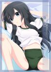  1girl asashio_(kancolle) black_hair blue_eyes blush breasts buruma character_name commentary_request cowboy_shot green_buruma gym_shirt gym_uniform highres inaba_shiki kantai_collection long_hair looking_at_viewer lying on_bed open_mouth shirt short_sleeves small_breasts solo t-shirt white_shirt 