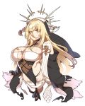  1girl absurdres azur_lane bare_shoulders black_dress blonde_hair breasts cleavage dress halo highres horns hyperbudd implacable_(azur_lane) large_breasts long_hair long_sleeves looking_at_viewer shiny_skin solo two-tone_dress veil white_dress white_horns yellow_eyes 