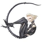  1boy absurdres alien_(movie) black_bodysuit bodysuit bone bone_tail character_request chinese_commentary claws closed_mouth commentary_request cosplay cosplay_request dr._stone eyeliner fetal_position floating floating_hair from_side full_body hair_slicked_back hand_on_own_knee hand_up highres jaw looking_at_viewer makeup male_focus rocketpunch simple_background skeleton_costume solo spine teeth white_background white_hair 