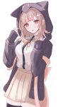  1girl :o animal_bag animal_ears animal_hood black_jacket black_shirt brown_skirt cat_bag cat_hood danganronpa_(series) danganronpa_2:_goodbye_despair fake_animal_ears grey_shirt highres hood hood_up hooded_jacket jacket kori_ha long_sleeves miniskirt nanami_chiaki neck_ribbon pink_bag pink_ribbon pleated_skirt ribbon shirt shirt_tucked_in skirt sleeves_past_wrists solo spaceship_hair_ornament two-tone_shirt zettai_ryouiki 