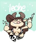 anthro beverage blush bovid breasts brown_hair caprine chinese chun-ni clothing cow_pattern digital_media_(artwork) eyes_closed female glass goat hair legwear licking licking_lips long_hair mammal mature_female milk miracle_star navel nipples pixel_(artwork) simple_background sling_swimsuit solo spanish_text stockings text tongue tongue_out unknown_artist 