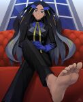  1girl barefoot black_hair black_jacket black_pants blue_eyes blue_gloves blue_shirt buttons commentary_request couch dark-skinned_female dark_skin feet from_below geeta_(pokemon) gloves grin highres indoors interlocked_fingers jacket long_hair long_sleeves looking_down min_(myna8247) neck_ribbon own_hands_together pants pokemon pokemon_sv ribbon shirt sitting smile soles solo teeth toes window yellow_ribbon 
