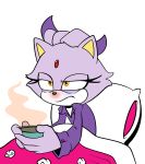  1girl absurdres animal_ears blanket blaze_the_cat cat_ears cat_girl cup forehead_jewel furry furry_female highres holding holding_cup novika pillow purple_fur purple_shirt runny_nose shirt simple_background sleepwear snot sonic_(series) teacup white_background yellow_eyes 