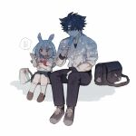  1boy 1girl alternate_costume animal_ears bag black_hair blue_hair commentary_request eating food genshin_impact hat highres ice_cream inagoinaire rabbit_ears red_eyes school_bag school_uniform shade short_hair sigewinne_(genshin_impact) simple_background sitting wriothesley_(genshin_impact) 