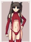  1girl :/ blue_eyes border bow breasts brown_hair closed_mouth cowboy_shot detached_sleeves fate/stay_night fate_(series) hair_bow hand_on_own_hip highres looking_at_viewer medium_breasts meme_attire navel panties pixel_art red_panties red_thighhighs seiko093 solo stomach sweater thighhighs tohsaka_rin turtleneck turtleneck_sweater two_side_up underwear virgin_destroyer_sweater virgin_killer_sweater white_border 