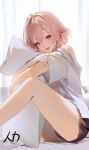  1girl alternate_costume artist_name bare_legs blue_eyes blush chinese_text commentary from_side hair_between_eyes highres holding holding_pillow honkai:_star_rail honkai_(series) knees_up looking_at_viewer march_7th_(honkai:_star_rail) medium_hair off_shoulder on_bed open_mouth pillow pink_eyes pink_hair renlili shirt short_sleeves sleepwear smile solo two-tone_eyes white_shirt 