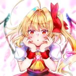  1girl ascot blonde_hair blurry blurry_background blush commentary_request flandre_scarlet hands_up parted_lips puffy_short_sleeves puffy_sleeves red_eyes sakuramiya_nya shirt short_sleeves side_ponytail solo touhou upper_body white_shirt yellow_ascot 