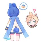  2boys animal_ears aqua_eyes barefoot black_sailor_collar blonde_hair blue_hair blue_scarf blush chibi coat dropping facing_away food kagamine_len kaito_(vocaloid) looking_at_viewer mogu_(wy5xrt7w) multiple_boys popsicle rabbit_ears sad sailor_collar scarf shirt short_hair simple_background spoken_expression tiger_ears vocaloid white_background white_coat white_shirt 