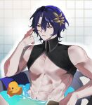  1boy abs bathing bathtub blue_hair book closed_mouth dr._ratio_(honkai:_star_rail) fsuusux hair_between_eyes highres holding holding_book honkai:_star_rail honkai_(series) in_water male_focus muscular muscular_male navel rubber_duck short_hair solo yellow_eyes 