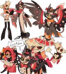  1girl 2boys :d angel_dust animal_ears apron armpit_carry black_bow black_bowtie black_fur black_hair black_headwear black_pants black_sclera black_wings blood blood_on_face body_fur bow bowtie card cat_boy cat_ears chinese_commentary claws club_(shape) coattails colored_sclera commentary_request cyclops dress english_text evil_grin evil_smile extra_arms frown full_body fur-tipped_tail furry furry_male gloves gold_teeth grey_jacket grey_pants grin hat hazbin_hotel heart heart_out_of_chest husk_(hazbin_hotel) invisible_table jacket lifting_person longcat_(meme) looking_ahead looking_at_another male_focus meme mismatched_sclera monster_boy monster_girl multicolored_hair multicolored_wings multiple_boys multiple_views niffty_(hazbin_hotel) no_mouth one-eyed orange_bow orange_bowtie orange_hair pants pink_dress pink_eyes pink_gloves pink_hair pink_jacket pink_sclera playing_card red_bow red_bowtie red_wings scratches sharp_teeth short_hair simple_background sleeve_cuffs smile spade_(shape) speech_bubble streaked_hair striped_clothes striped_jacket suspenders suspenders_removed suspenders_slip tail teeth top_hat traditional_bowtie tuxedo two-tone_fur white_apron white_background white_fur wings ye_(guansuanna96669) yellow_eyes yellow_sclera yellow_teeth 