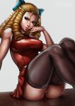  breasts capcom dandon_fuga drill_hair hair_bow kanzuki_karin looking_at_viewer no_panties pussy sitting skirt sleeveless solo street_fighter thighhighs 