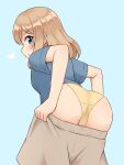  1girl aona_(shiraha_maru) ass bent_over blue_background blue_eyes blue_shirt clothes_pull commentary crotch_seam from_behind grey_shorts heart highres leaning_forward light_brown_hair looking_at_viewer looking_back original panties pulled_by_self shiraha_maru shirt short_hair shorts shorts_pull simple_background solo standing t-shirt underwear yellow_panties 