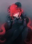  bad_id bad_pixiv_id bit_gag black_bodysuit blindfold bodysuit chain collar gag gradient gradient_background horns knees_together_feet_apart latex long_hair male_focus nekonoki original pink_blindfold red_hair restrained skin_tight solo very_long_hair wrist_cuffs 