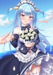  1girl absurdres apron artist_name azur_lane bare_shoulders blue_dress blue_hair bouquet clam_shell commentary_request cowboy_shot detached_sleeves dress fake_antlers flower frilled_hairband frills garter_straps hairband highres holding holding_bouquet long_hair long_sleeves looking_at_viewer maid_headdress makihige neptune_(azur_lane) rose shell_hair_ornament solo_focus thighhighs white_apron white_flower white_garter_straps white_rose white_thighhighs yellow_eyes 