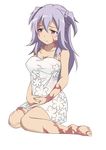  bare_shoulders barefoot braid breasts burn_scar chuxinzhe_xiaolin collarbone cosplay dorei_to_no_seikatsu_~teaching_feeling~ dress floral_print frown gakusen_toshi_asterisk highres large_breasts long_hair looking_away navel purple_eyes purple_hair scar see-through simple_background sitting solo sundress sylvie_(dorei_to_no_seikatsu) sylvie_(dorei_to_no_seikatsu)_(cosplay) toudou_kirin two_side_up wariza white_background white_dress 