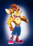 2020 activision anthro bottomwear clothing crash_bandicoot crash_bandicoot_(series) fingerless_gloves footwear fur gloves hair handwear hi_res male mammal marsupial open_mouth shoes shorts simple_background solo tovio_rogers