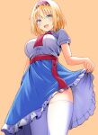  1girl :d alice_margatroid blonde_hair blue_eyes blue_skirt blush breasts clothes_lift commentary_request cowboy_shot eyelashes foreshortening frilled_hairband frilled_skirt frills from_below hair_between_eyes hairband high-waist_skirt highres kyanta5354 large_breasts looking_at_viewer looking_down open_mouth orange_background puffy_short_sleeves puffy_sleeves red_hairband shirt short_hair short_sleeves simple_background skirt skirt_lift smile solo teeth thighhighs thighs touhou upper_teeth_only white_shirt white_thighhighs 