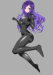  1girl black_bodysuit bodysuit breasts catstudioinc_(punepuni) clenched_hand commission english_commentary full_body grey_background large_breasts latex latex_bodysuit long_hair looking_at_viewer original purple_eyes purple_hair shiny_clothes skin_tight smile solo 
