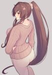  1girl blush breasts brown_hair brown_sweater closed_mouth from_above grey_background hair_intakes hand_on_own_hip highres kantai_collection kasumi_(skchkko) large_breasts long_hair long_sleeves official_alternate_costume pants pink_eyes ponytail ribbed_sweater sidelocks solo standing sweater very_long_hair white_pants yamato_(kancolle) 