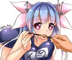  agro_bio blue_hair breasts food hair_ribbon i-19_(kantai_collection) kantai_collection large_breasts long_hair looking_at_viewer name_tag one-piece_swimsuit pocky pocky_kiss red_eyes ribbon school_swimsuit shared_food solo star star-shaped_pupils swimsuit symbol-shaped_pupils tri_tails 