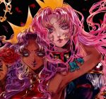  2girls blue_eyes closed_mouth crown dark-skinned_female dark_skin etherbeam eyelashes facial_mark flower forehead_mark green_eyes himemiya_anthy holding holding_flower lipstick long_hair makeup multiple_girls pink_hair purple_hair purple_lips red_flower red_rose rose shoujo_kakumei_utena shoulder_pads smile tenjou_utena traditional_media very_long_hair yuri 