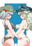  2girls ass back black_panties black_sports_bra blue_background blue_eyes blue_hair blue_headwear blunt_bangs blush bob_cut bra breast_press cabbie_hat camouflage camouflage_headwear commentary frilled_bra frilled_panties frills from_side glaring green_eyes green_headwear grey_hair grimace hair_bobbles hair_ornament hat kawashiro_nitori lifted_by_another long_hair looking_at_another multiple_girls panties panty_lift short_hair sports_bra sports_panties standing sweat symmetrical_docking tearing_up touhou translated twitter_username two_side_up underwear underwear_only wedgie white_bra white_panties yamashiro_takane zannen_na_hito 