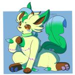 &lt;3 2021 ambiguous_gender blush blush_lines brown_eyes chest_tuft collar collar_only eeveelution feral generation_4_pokemon hi_res leaf leaf_hair leaf_tail leafeon looking_at_self magic mid_transformation nintendo nude open_mouth pawpads paws plant plant_hair plushie plushie_tag plushie_transformation plushification pokemon pokemon_(species) pseudo_hair retrofeather signature simple_background sitting sitting_on_ground solo solo_focus spread_legs spreading stitch_(sewing) tail transformation tuft