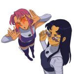 2girls adjusting_eyewear blackfire boots bracer breasts colored_skin commentary dc_comics english_commentary flame-shaped_eyewear full_body highres jenxd_d long_hair multiple_girls orange_skin purple_hair red_hair siblings signature sisters skirt smile star-shaped_eyewear starfire sunglasses superhero teen_titans thigh_boots upper_body white_background 