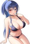  1girl absurdres bikini blue_eyes blue_hair blush breasts choker collarbone heterochromia highres large_breasts long_hair looking_at_viewer navel original ponytail red_eyes siguren126 solo swimsuit thighs tongue tongue_out v 