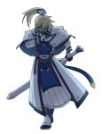  1boy absurdres belt black_gloves blonde_hair clothed_robot fingerless_gloves gloves guilty_gear guilty_gear_xrd hair_between_eyes hand_on_hilt highres humanoid_robot key_in_head kimlambdoll long_hair long_sleeves looking_at_viewer magnolia_eclair_ii male_focus metal_skin object_through_head robo-ky robot tail tail_ornament winding_key yellow_eyes 