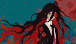  1boy artist_name black_hair black_jacket black_necktie blood blood_on_clothes blood_on_face blue_background collared_shirt colored_inner_hair commentary danganronpa_(series) danganronpa_2:_goodbye_despair expressionless flower flower_over_eye hair_between_eyes highres jacket kamukura_izuru liang_cun_rakuna long_hair looking_at_viewer male_focus messy_hair multicolored_hair necktie one_eye_covered poppy_(flower) red_background red_eyes red_flower red_hair shirt simple_background solo suit symbol-only_commentary twitter_username two-tone_background upper_body very_long_hair white_shirt wing_collar 