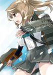  brown_eyes brown_hair gun hair_bun kantai_collection kerchief kote_(dew) long_hair machine_gun machinery michishio_(kantai_collection) open_mouth panties pleated_skirt profile school_uniform skirt solo suspenders torpedo underwear weapon white_panties 