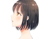  1girl black_hair commentary_request cropped_shoulders eyelashes from_side idolmaster idolmaster_cinderella_girls light_blush looking_ahead parted_lips short_hair simple_background solo takafuji_kako white_background witoi_(roa) yellow_eyes 