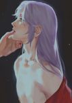  aqua_eyes aries_muu bare_shoulders blurry chest chin_grab depth_of_field emg_(christain) eyelashes from_side hands long_hair male_focus nipples off_shoulder out_of_frame parted_lips profile purple_hair saint_seiya shade short_eyebrows solo_focus tongue upper_body 