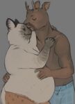 2017 2_horns 5_fingers anthro antlers athletic athletic_anthro athletic_male belly belly_overhang big_belly blue_boxers blue_clothing blue_underwear boxers_(clothing) boxers_only brown_body brown_fur chubby-shark clothed clothing deer digital_media_(artwork) domestic_cat duo embrace eyebrows eyes_closed felid feline felis fingers fur grey_background grey_body grey_fur hand_on_stomach horn hug humanoid_hands inner_ear_fluff jameel josef_(chubby-shark) kissing kissing_forehead male male/male mammal multicolored_body multicolored_fur new_world_deer orange_boxers orange_clothing orange_underwear overweight overweight_anthro overweight_male roe_deer simple_background size_difference snout standing tail topless tuft underwear underwear_only white_body white_fur