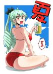  1girl alcohol anchovy_(girls_und_panzer) aono3 ass back barefoot beer beer_mug bikini black_ribbon blue_sky breasts cloud cloudy_sky commentary cup day drill_hair girls_und_panzer green_hair hair_ribbon halterneck holding holding_cup indian_style long_hair looking_at_viewer looking_back medium_breasts mug red_bikini red_eyes ribbon sitting sky solo swimsuit translated twin_drills twintails 