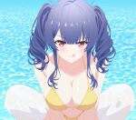  1girl :q arbiter1 azur_lane bikini breasts cleavage drill_hair large_breasts long_hair looking_at_viewer official_alternate_costume pola_(azur_lane) pola_(seaside_coincidence)_(azur_lane) purple_hair red_eyes solo spread_legs swimsuit thighhighs tongue tongue_out twin_drills water wet_thighhighs white_thighhighs yellow_bikini 