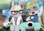  3boys animal_crossing animal_ears black-framed_eyewear blonde_hair blue_eyes blue_necktie blush bottomless brown_eyes cat_boy cat_ears cat_tail closed_mouth collared_shirt commentary dagasi furry furry_male glasses green_eyes grey_vest heterochromia highres jacket male_focus multiple_boys necktie no_penis nose_blush open_mouth outdoors rabbit_boy rabbit_ears raccoon_boy raccoon_ears raymond_(animal_crossing) sasha_(animal_crossing) shirt sitting tail tears teeth tom_nook_(animal_crossing) upper_teeth_only vest villager_(animal_crossing) waistcoat white_shirt 