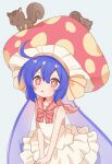  1girl 7takada ahoge animal_on_head bare_arms bare_shoulders blue_eyes blue_hair bow bowtie cowboy_shot dress drooling flat_chest hat highres long_hair long_sleeves looking_ahead mushroom_hat on_head otomachi_una own_hands_together red_bow red_bowtie red_eyes red_sailor_collar sailor_collar sailor_dress sidelocks simple_background sleeveless sleeveless_dress squirrel twintails v_arms very_long_hair vocaloid white_background 
