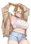  1girl adjusting_hair armpits black-framed_eyewear black_collar blue_shorts breasts brown_hair brown_jacket collar curvy glasses green_eyes highres horns jacket jewelry large_breasts long_sleeves looking_at_viewer midriff nashidrop navel necklace open_clothes open_jacket original pear_(nashidrop) pointy_ears round_eyewear short_hair shorts simple_background single_horn solo thick_eyebrows thighs white_background 