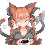  1girl absurdres animal_ears breasts cat_ears cat_girl cat_tail cigarette cleavage coffee coffee_cup coffee_mug commentary cup dated disposable_cup english_commentary extra_ears highres kaenbyou_rin long_hair long_sleeves master-cylinder mug multiple_tails nekomata pointy_ears red_eyes red_hair red_nails signature smoke smoking solo tail touhou two_tails upper_body variant_set 