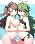  2girls @_@ absurdres antenna_hair asymmetrical_docking azur_lane bikini black_bikini breast_press breasts brown_hair commentary_request cowboy_shot flat_chest hair_between_eyes highres holding_hands interlocked_fingers large_breasts long_hair looking_at_viewer multiple_girls official_alternate_costume pamiat_merkuria_(azur_lane) partial_commentary purple_eyes rappe92 shaded_face smile swimsuit torricelli_(azur_lane) torricelli_(shady_seaside)_(azur_lane) 