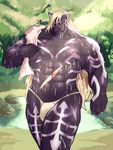  blonde_hair clothing dripping_wet feline forest fur fur_markings grass hair male mammal muscular navel nipples nude onmyou_taisenki outside panther pool_(disambiguation) purple_fur rangetsu rock scar slit_pupils soonico towel tree underwear walking water wet wet_fur yellow_eyes 