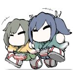  2girls ^_^ blue_hair chibi closed_eyes flight_deck green_hakama green_kimono grey_hair hakama hakama_short_skirt hakama_skirt hiryuu_(kancolle) japanese_clothes kantai_collection kimono multiple_girls muneate no_mouth orange_kimono ponytail side_ponytail skirt slippers souryuu_(kancolle) task_(s_task80) twintails white_background 