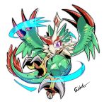 anthro bandai_namco beak claws digimon digimon_(species) feathers feet gift4437 green_body green_feathers hi_res horn male mask pteromon purple_eyes solo talons toes wings
