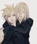  2boys armor arms_around_neck black_gloves blonde_hair blue_eyes closed_eyes cloud_strife d8j0j final_fantasy final_fantasy_vii final_fantasy_vii_advent_children gloves grey_background grey_hair hand_on_another&#039;s_arm hand_on_another&#039;s_wrist hand_up happy high_collar highres hug hug_from_behind kadaj long_sleeves male_focus medium_hair multiple_boys nervous_smile open_mouth pauldrons short_hair shoulder_armor shoulder_strap simple_background single_pauldron sleeveless smile spiked_hair sweatdrop upper_body 